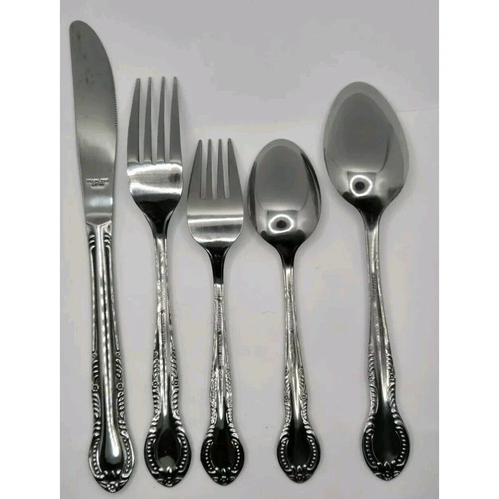 Vintage Stainless Flatware Spoon Knife Fork Columbia Japan Beaded Edge Set of 4